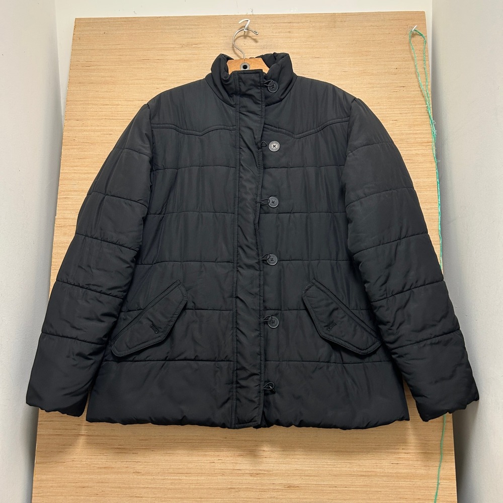 Chaps Est 1978 Black Quilted Puffer Jacket Women Large Full Zip Button Front